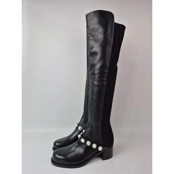 Stuart Weitzman Women's Black Portia 5050 Studded Pearl Boots Size 7.5 B - Picture 2 of 7
